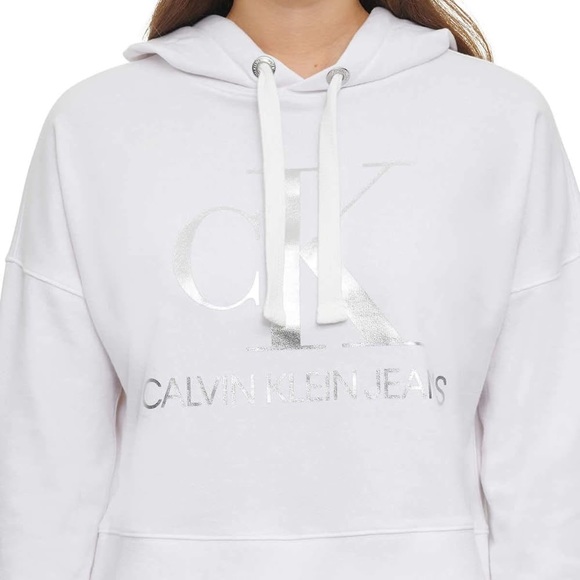 NWT Women’s Size Small Calvin Klein Jeans Cropped Logo Print Hoodie White/Silver - Picture 4 of 13